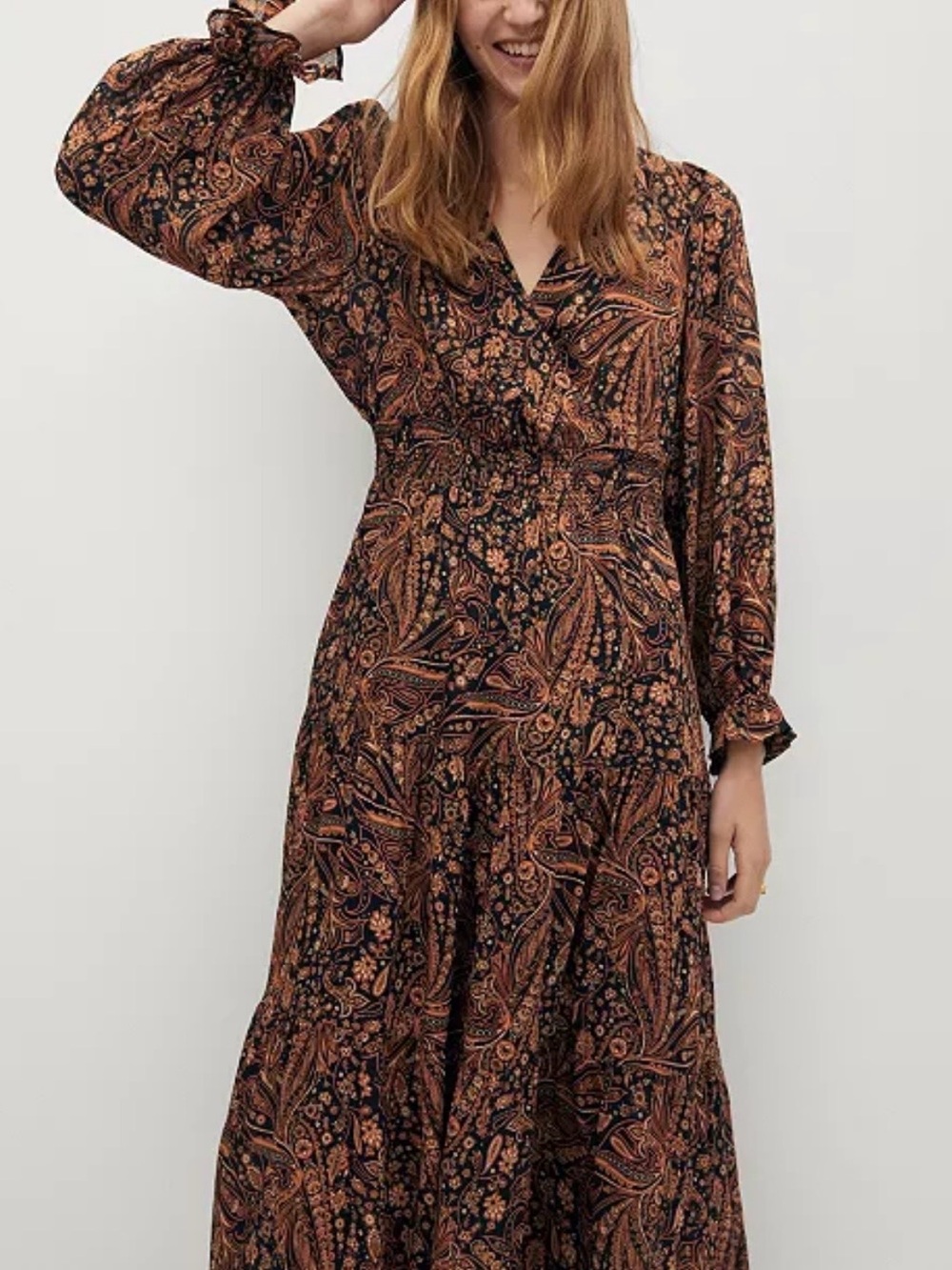 NEW Mango Brown Paisley Western Long Sleeve Maxi Dress size 2
